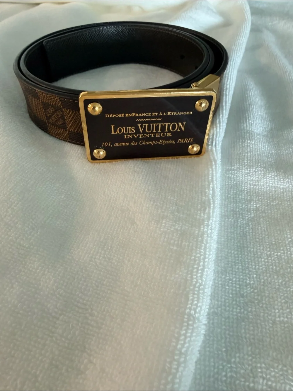 Louis Vuitton Brown Damier Canvas Belt with Gold Plaque Buckle